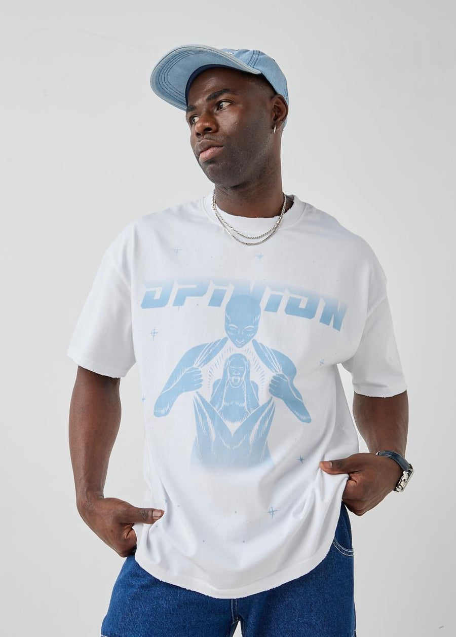 Model wearing the white You Vs. You tee
